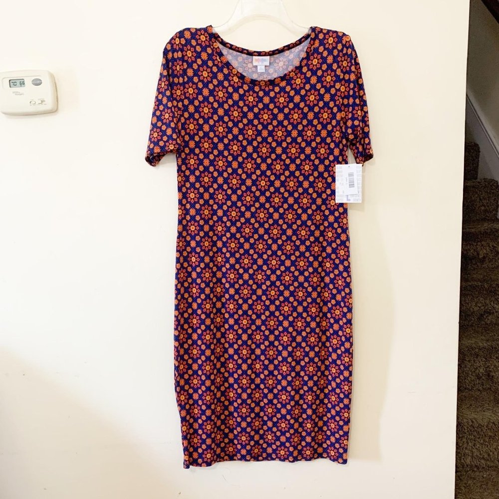 LuLaRoe Julia Dress Kaleidoscope Print Large Navy Blue Orange